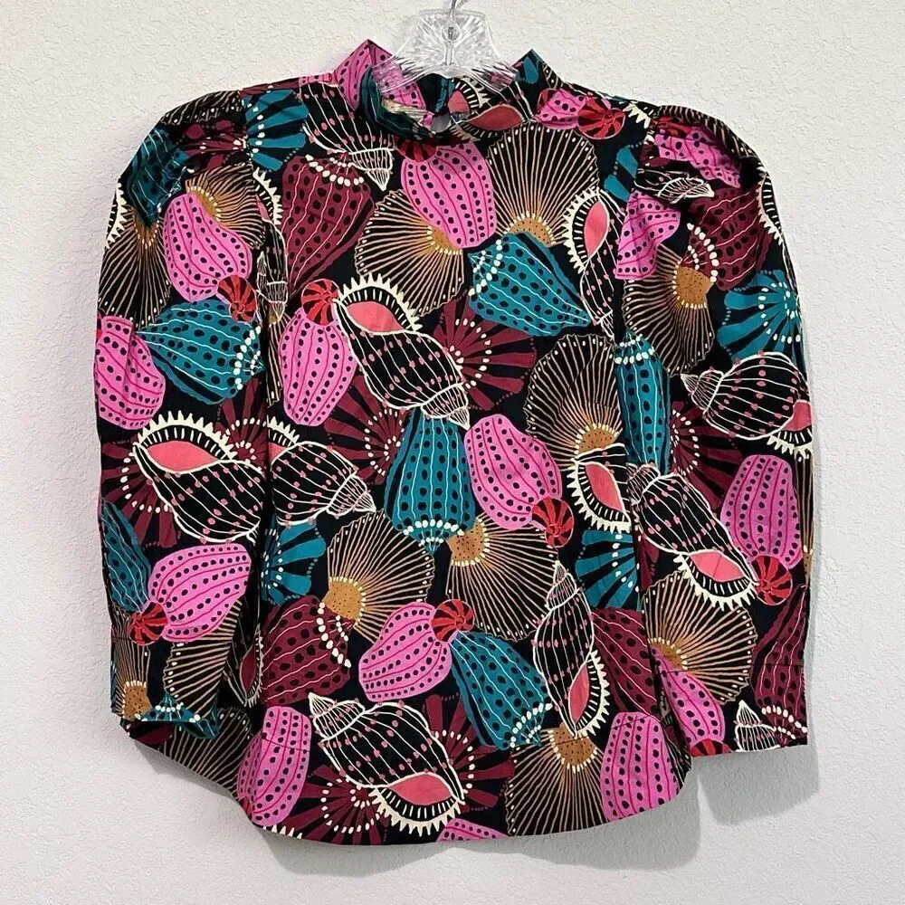 NWT Farm Rio Mock Neck Shell Print Blouse Sz M Boho Coastal Beachy Tribal Batik